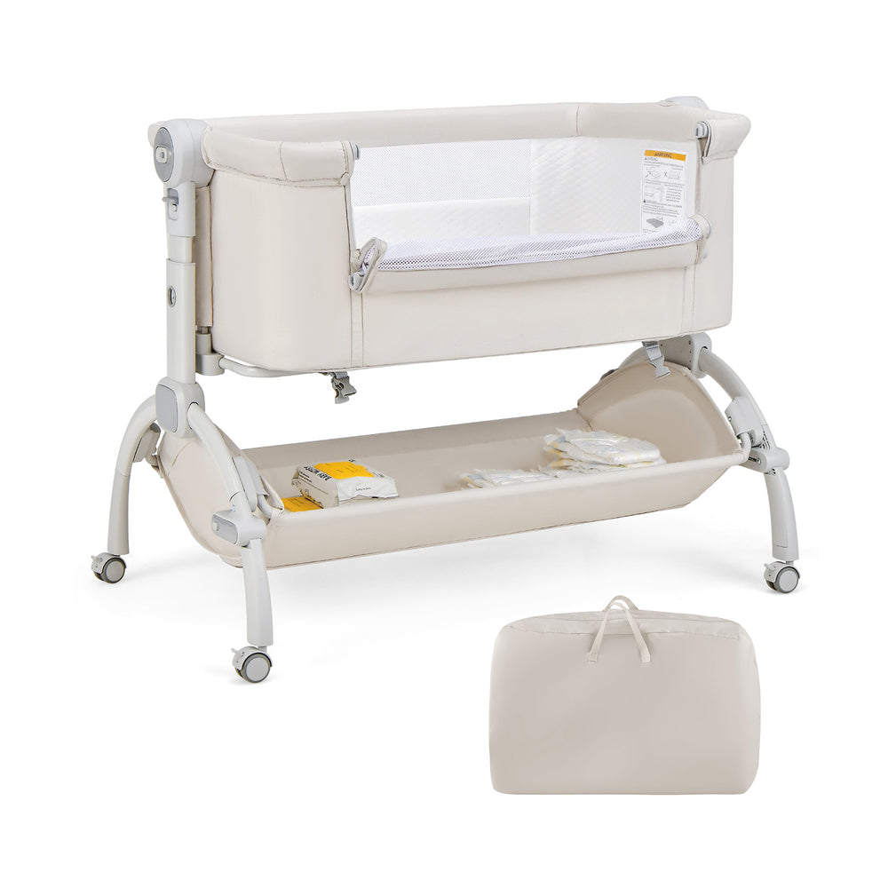 3-in-1 baby bassinet in beige with adjustable heights, breathable mesh, and large storage basket for versatile use.