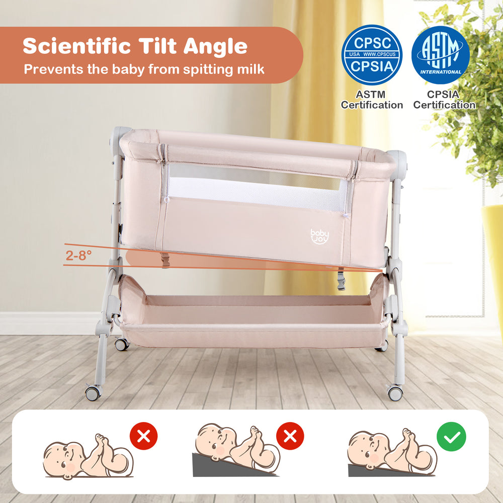 3-in-1 baby bassinet in beige with adjustable height, double-lock design, and 2-8° tilt angle for safe sleeping.