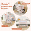 3-in-1 baby bassinet in beige, shown in cradle mode with adjustable height and breathable mesh for easy observation.