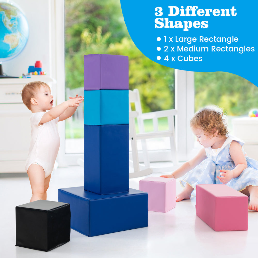 Colorful 7-piece big foam building blocks set for toddlers, featuring 4 cubes, 2 medium rectangles, and 1 large.