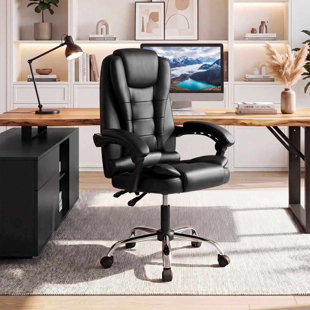 Black high back executive chair with linkage armrests and adjustable height for ergonomic office comfort.