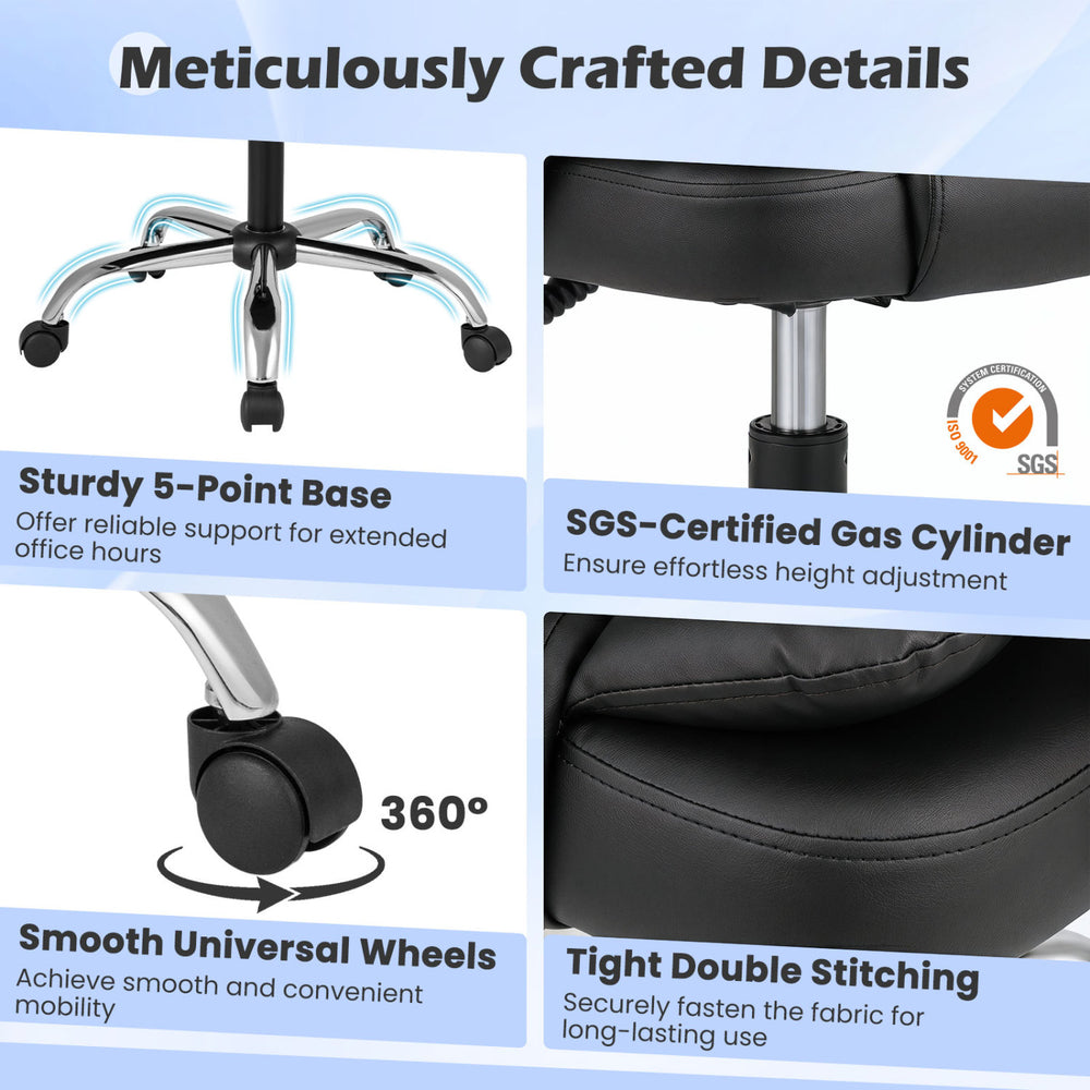 Big high back executive chair in black with linkage armrests, adjustable height, and smooth universal wheels for office.