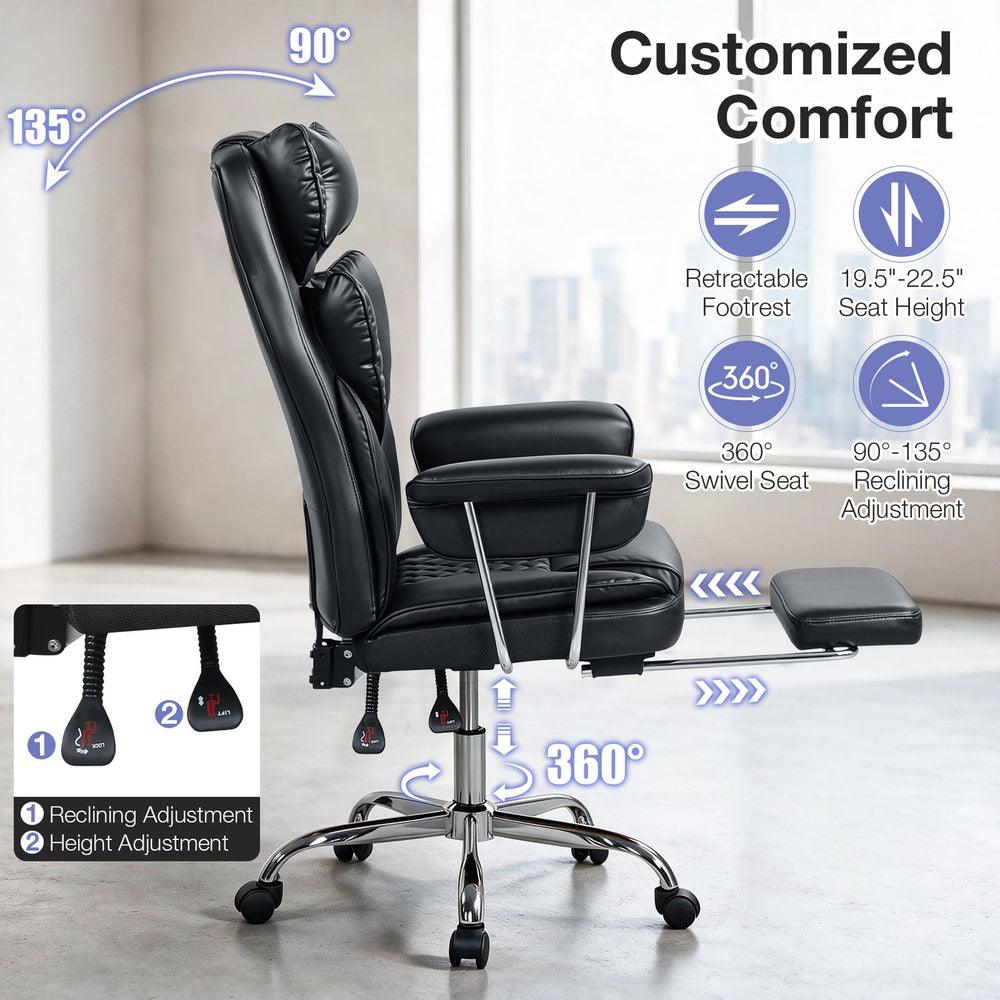 Big and tall executive office chair in black with adjustable height, reclining feature, and retractable footrest for comfort.