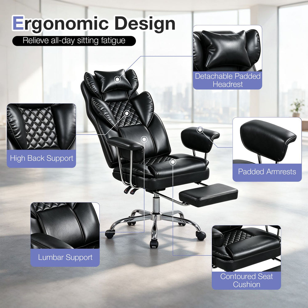 Big and tall executive office chair in black featuring lumbar support, padded armrests, and a retractable footrest for comfort.
