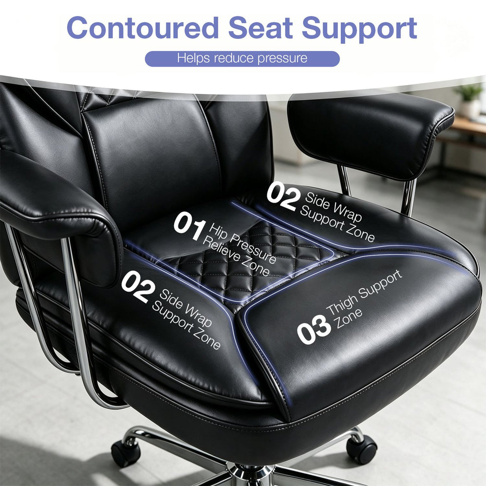 Contoured seat support zones on the black Big and Tall Executive Office Chair enhance comfort and reduce pressure.