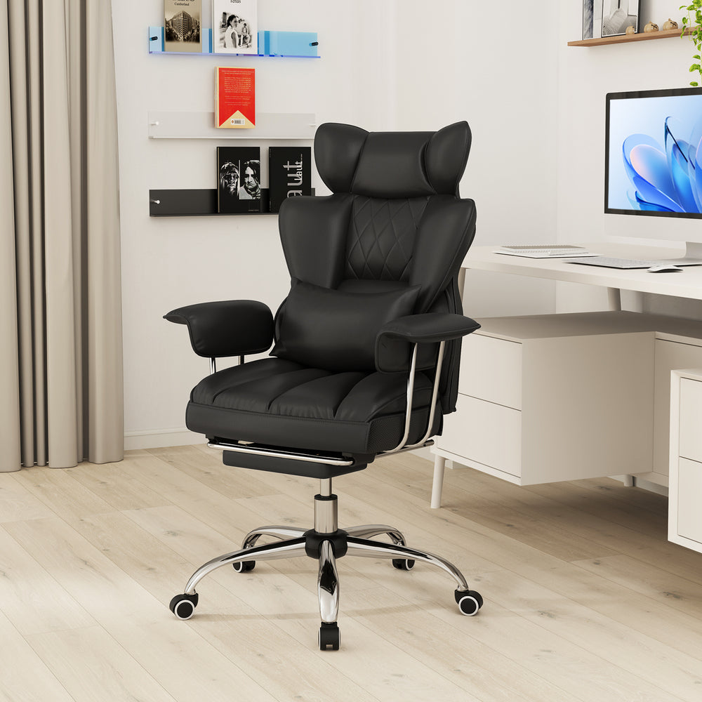 Black Big and Tall Executive Office Desk Chair with 360° swivel, soft padded armrests, and a retractable footrest for.