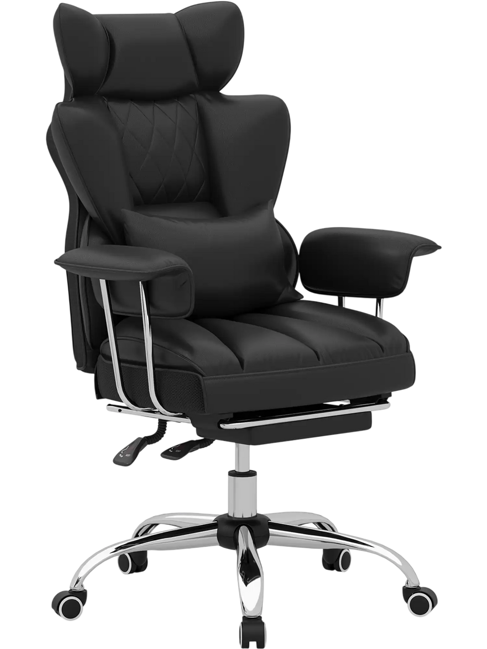 Big and tall executive office desk chair in black with adjustable height, footrest, and ergonomic support for comfort.