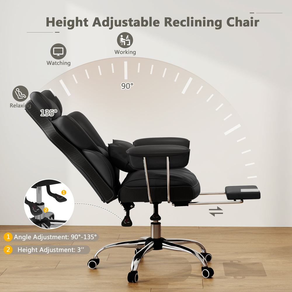 Height adjustable reclining office chair in black with footrest, ergonomic design for comfort, ideal for work and.