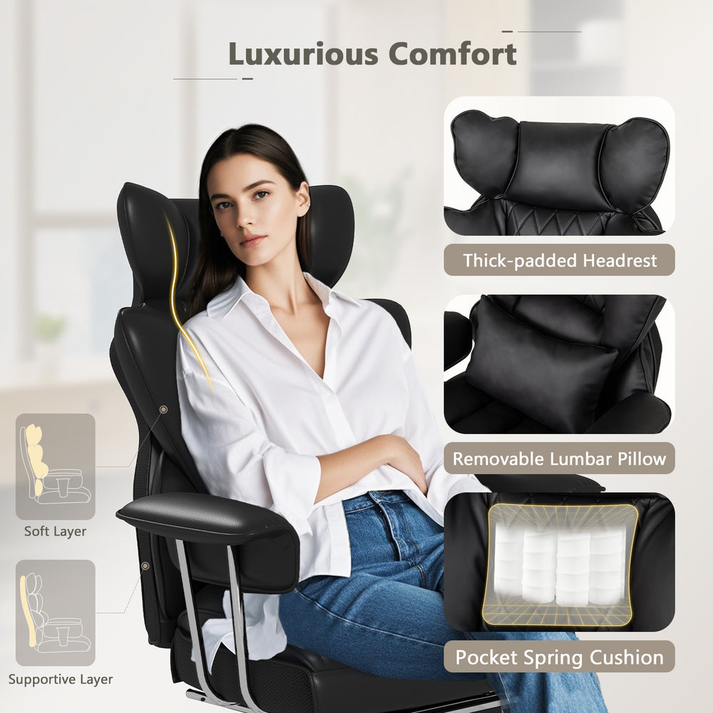 Big and tall executive office desk chair in black with adjustable height, removable lumbar pillow, and footrest for.