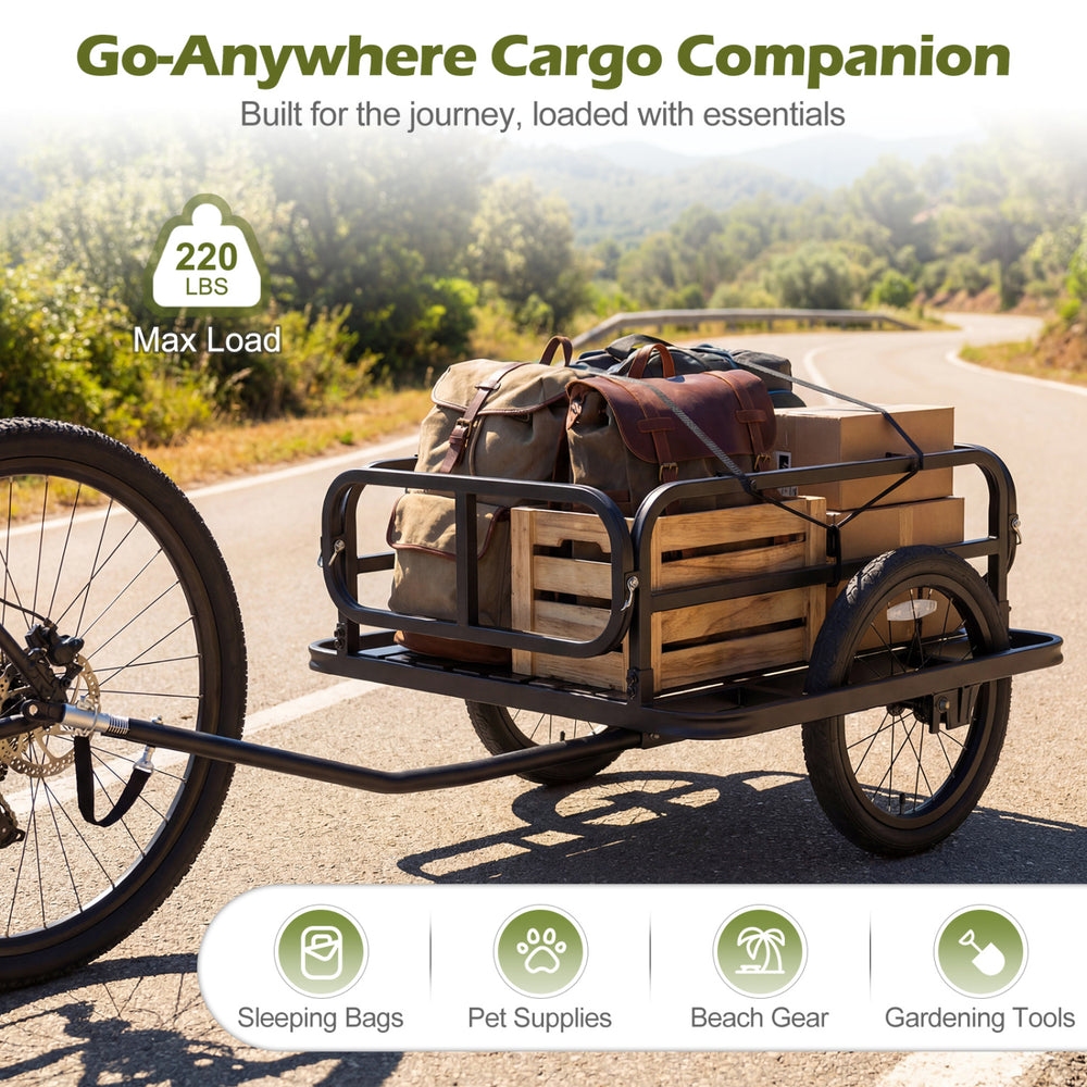 Heavy-duty bike cargo trailer with a robust metal frame, designed for loads up to 220 lbs, ideal for camping and.