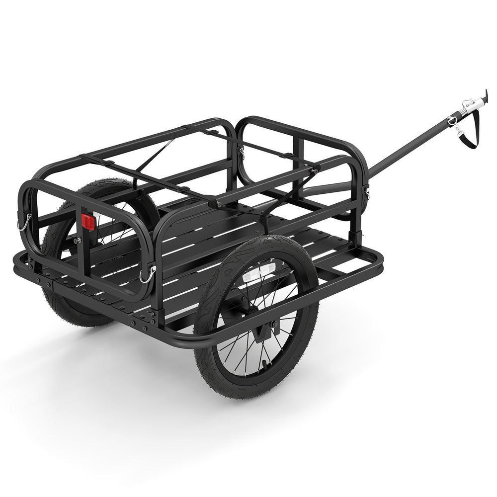 Heavy-duty bike cargo trailer in black with robust metal frame, all-terrain tires, and universal hitch for versatile.