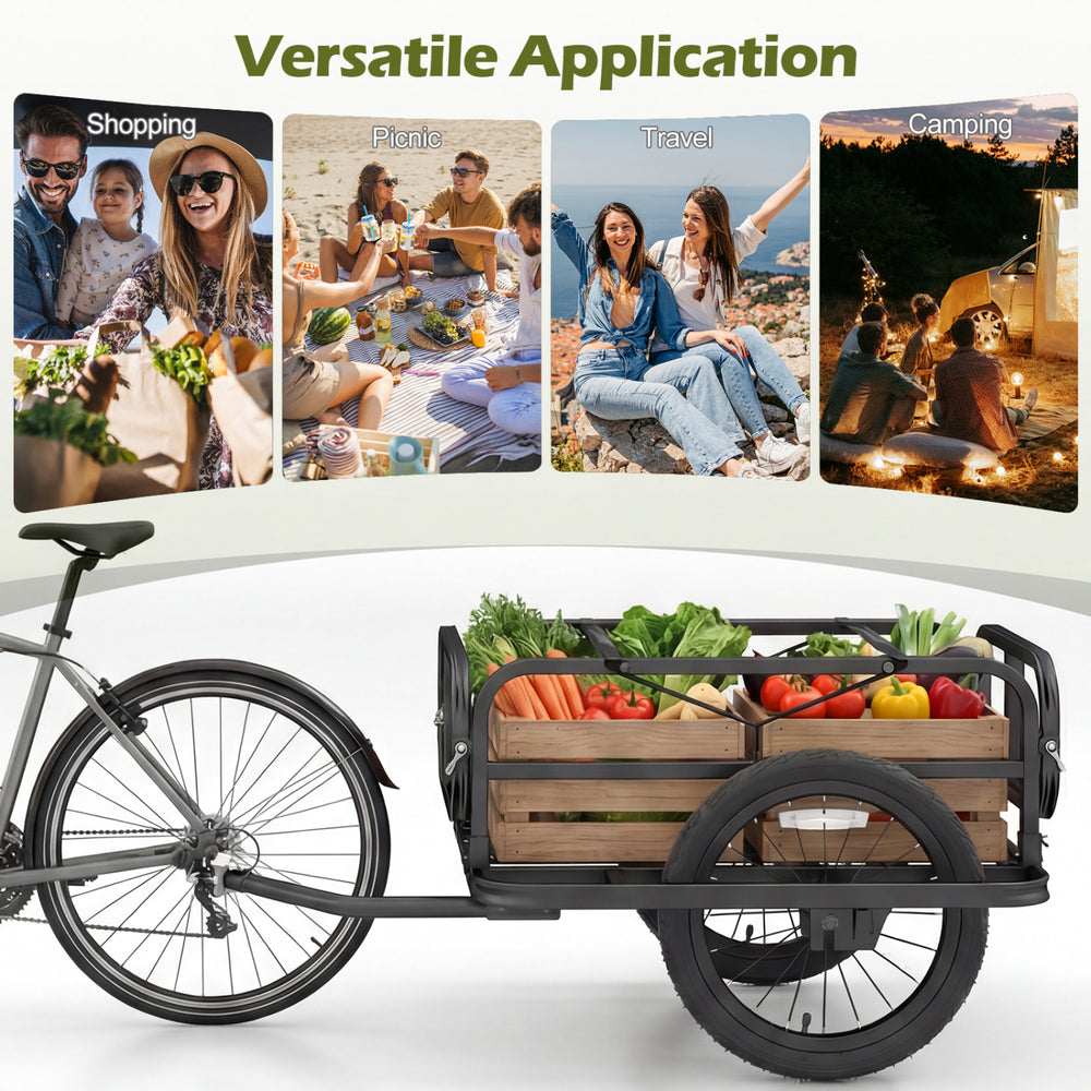Heavy-duty bike cargo trailer in black with spacious interior, designed for versatile applications like camping and.