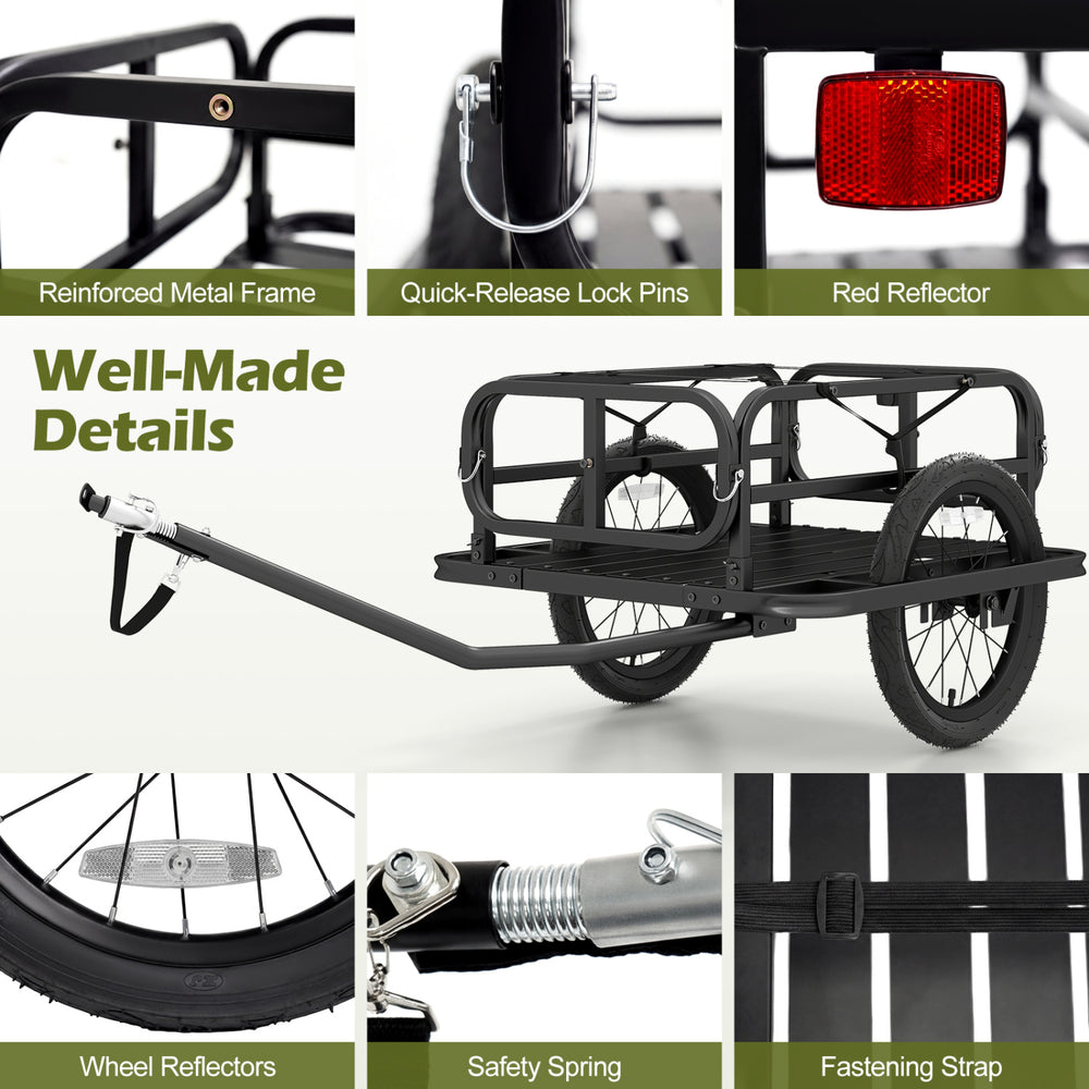 Heavy-duty bike cargo trailer with a robust metal frame, quick-release lock pins, and all-terrain rubber tires for.