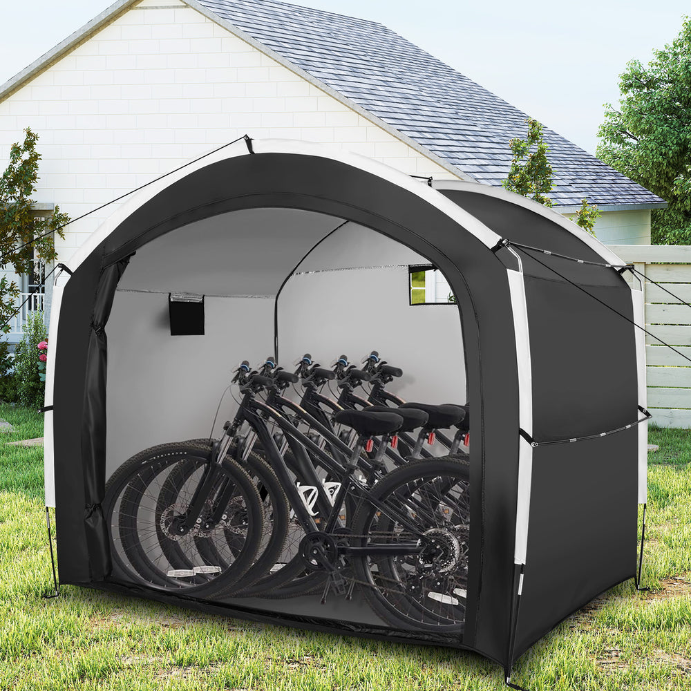 Bike storage shed tent made of waterproof 210D Oxford fabric, holding up to 5 bikes, for all-weather protection.