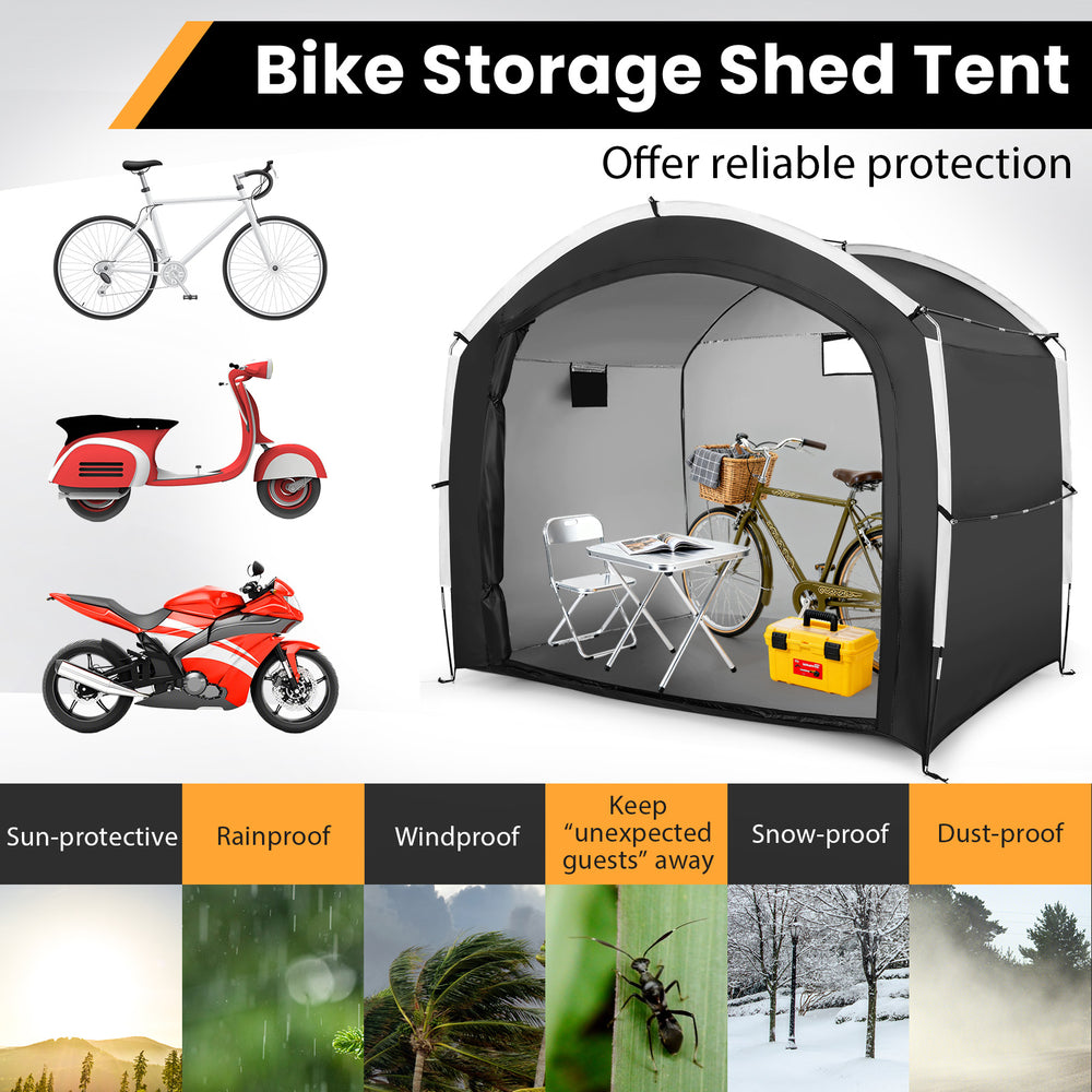 Bike storage shed tent for up to 5 bikes, made of waterproof 210D Oxford fabric, offering all-weather protection.