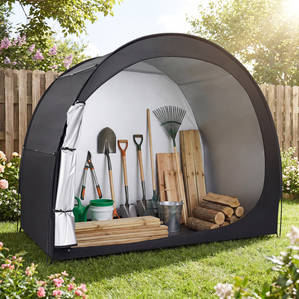 Portable bike storage tent with waterproof fabric, featuring a large walk-in door and enclosed design for protection.
