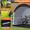 Bike storage tent featuring waterproof PU coated fabric, flexible fiberglass poles, and secure anchoring with stakes.