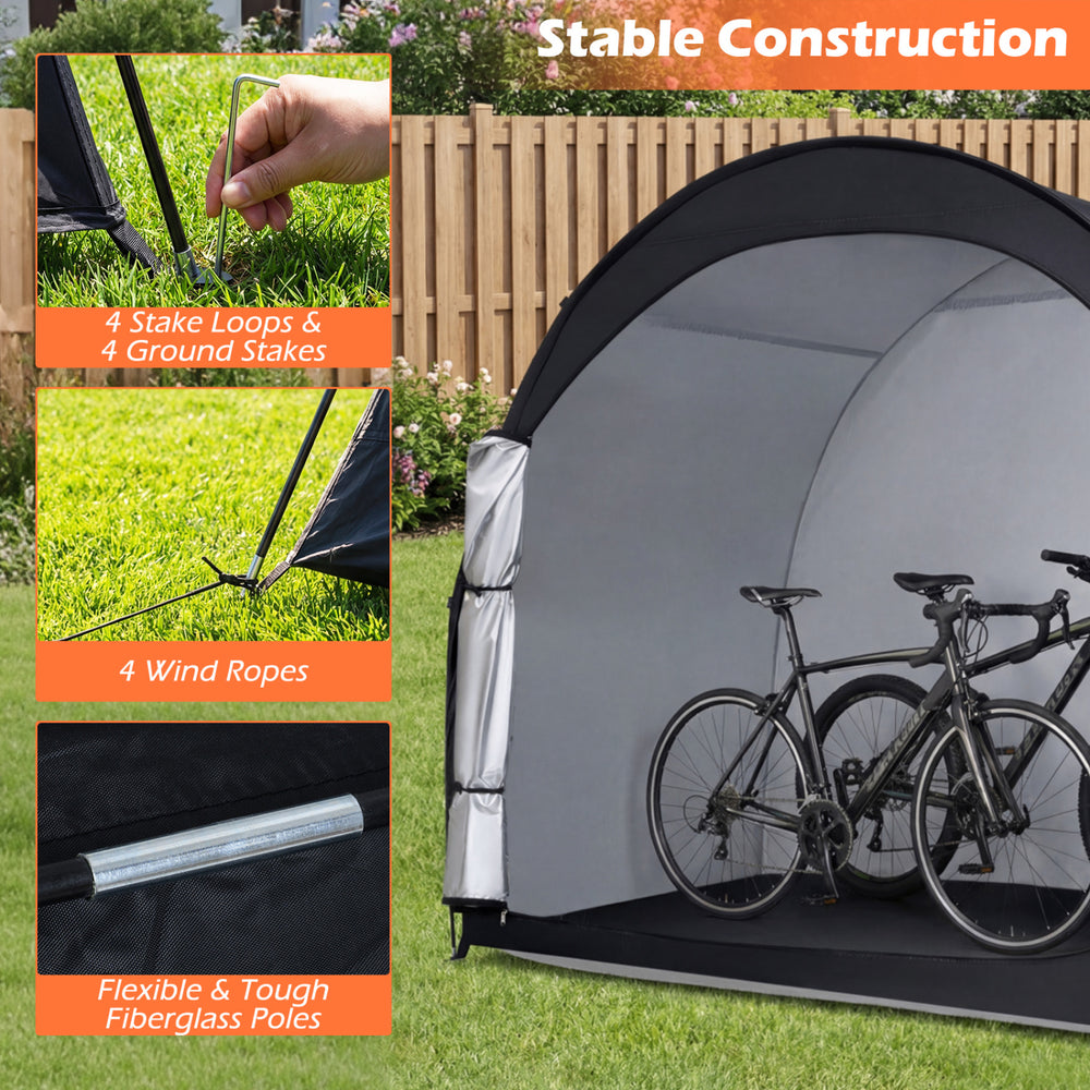 Bike storage tent featuring waterproof PU coated fabric, flexible fiberglass poles, and secure anchoring with stakes.