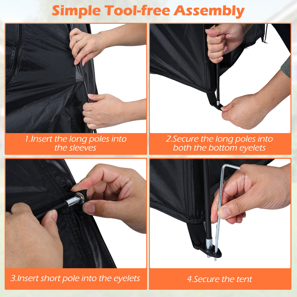 Tool-free assembly steps for the portable bike storage tent made of waterproof PU coated oxford fabric in black.