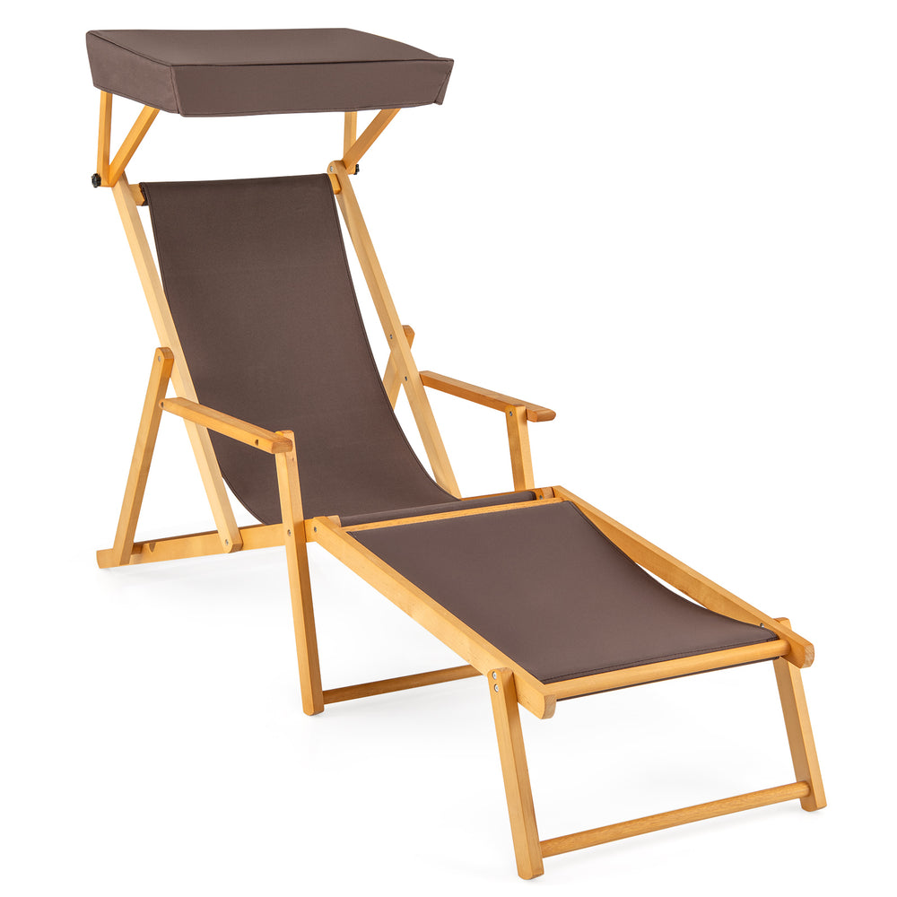 Birch wood chaise lounge chair with adjustable canopy in brown, perfect for outdoor relaxation by the pool or patio.