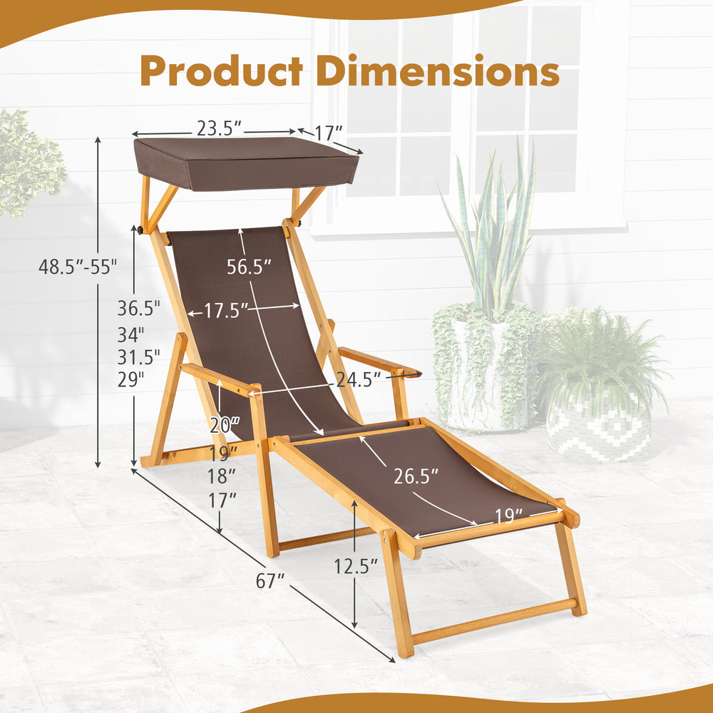 Birch wood chaise lounge chair with adjustable canopy and dimensions for outdoor relaxation by the poolside or patio.