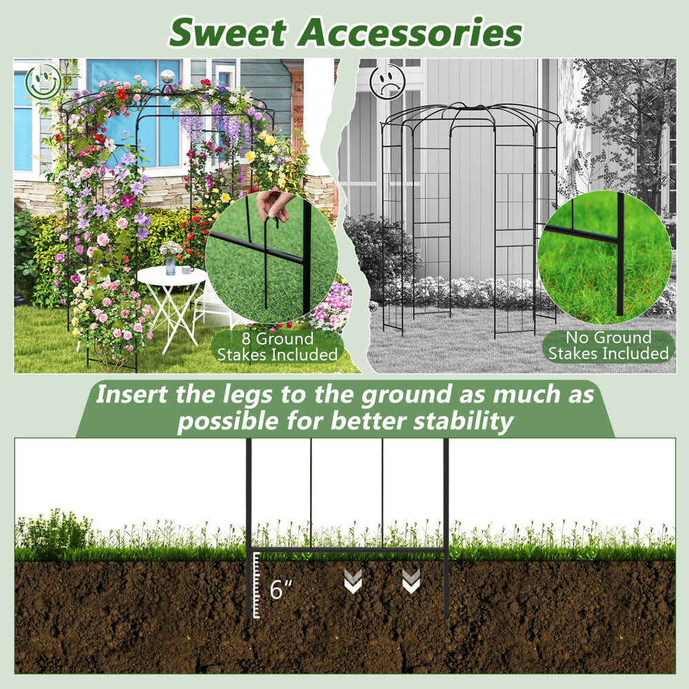 Birdcage shape gazebo with 8 ground stakes, ideal for climbing plants and wedding decorations, featuring durable metal.