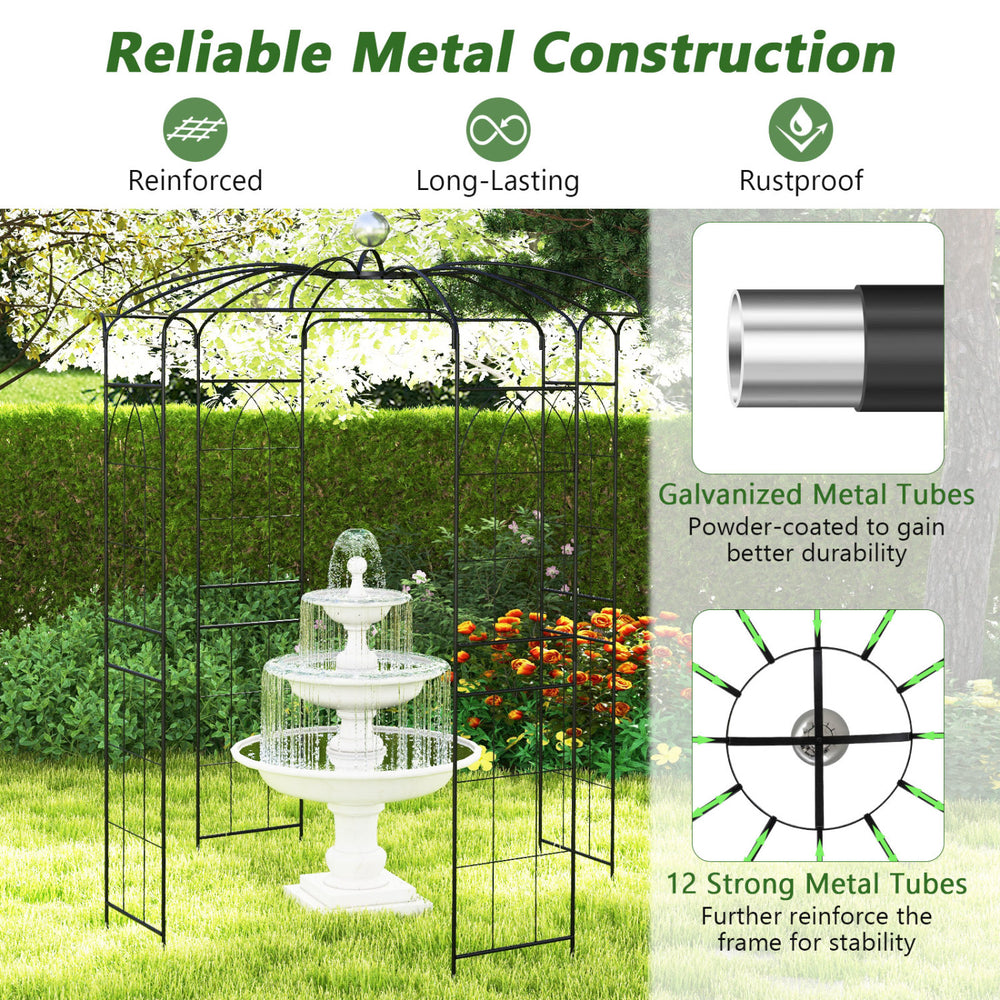 Birdcage shape gazebo with galvanized metal tubes, ideal for climbing plants and wedding decorations, featuring elegant.