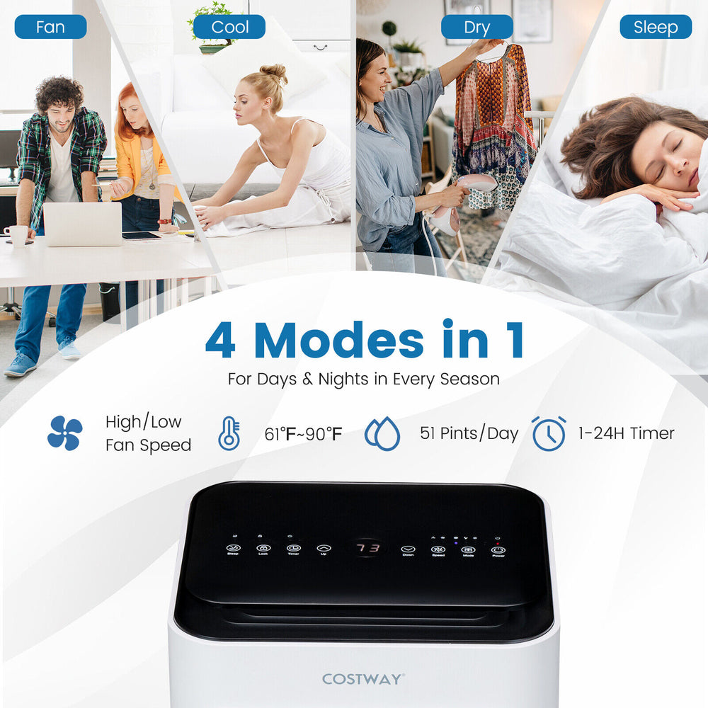 Portable air conditioner in black with LED touch panel, 4 modes, and 51 pints/day dehumidifier for efficient cooling.