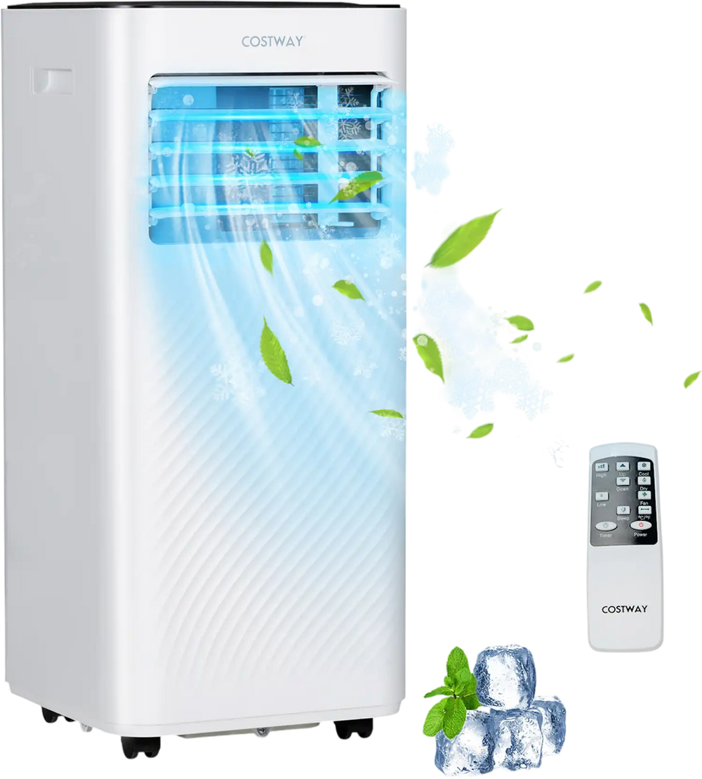 Portable 10000 BTU air conditioner with remote, featuring cooling, dehumidifier, and sleep mode for efficient room.