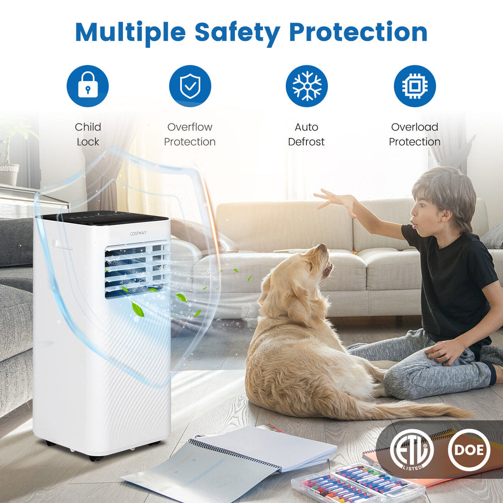 Portable 10000 BTU air conditioner with dehumidifier, featuring child lock and overflow protection, ideal for quick.