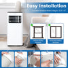 Portable air conditioner installation guide showing window kit compatibility for various window types and sizes.