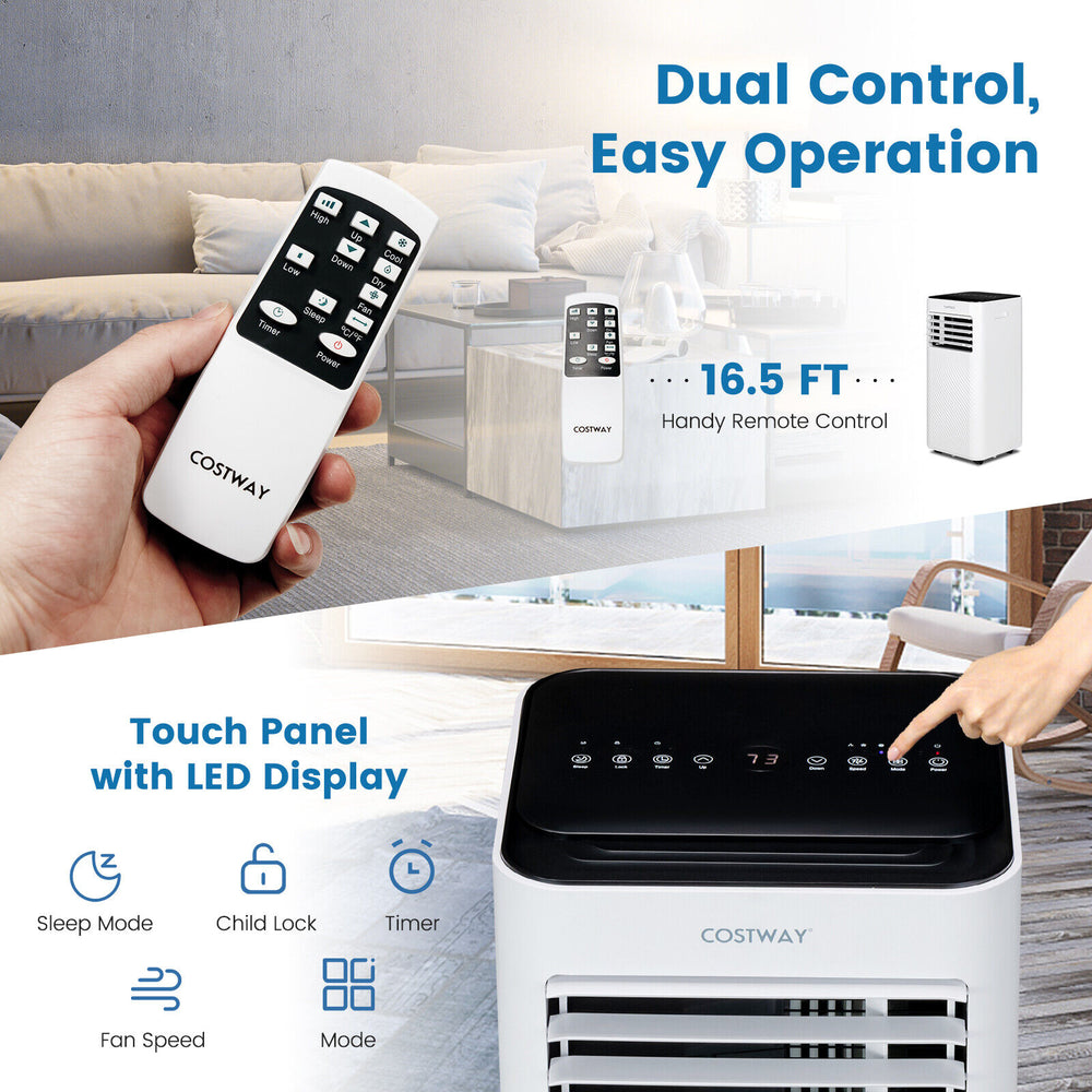 Portable air conditioner with remote control and LED touch panel, 10000 BTU, for quick cooling and sleep mode.