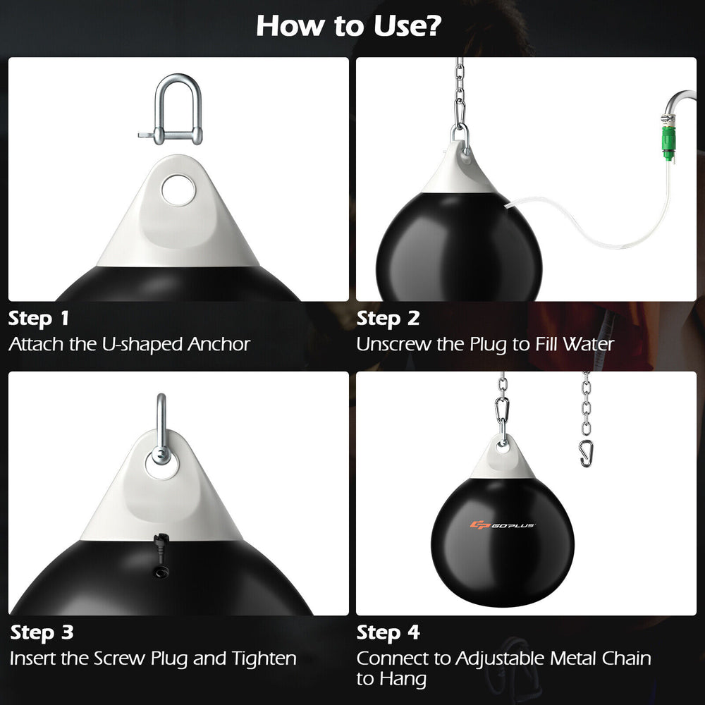 18-inch black heavy punching water bag with adjustable metal chain, designed for home and gym workouts.