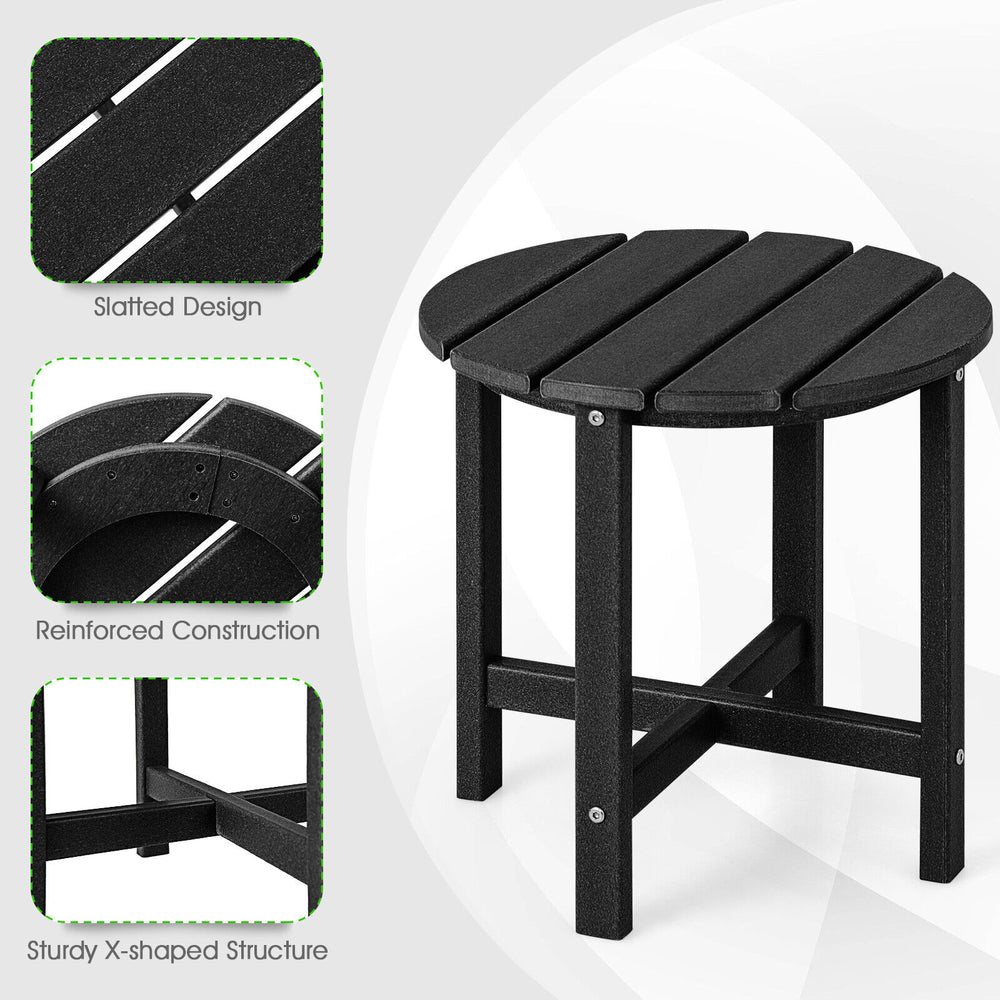 Round black Adirondack side table with slatted design, weather-resistant HDPE material, and reinforced X-shaped.