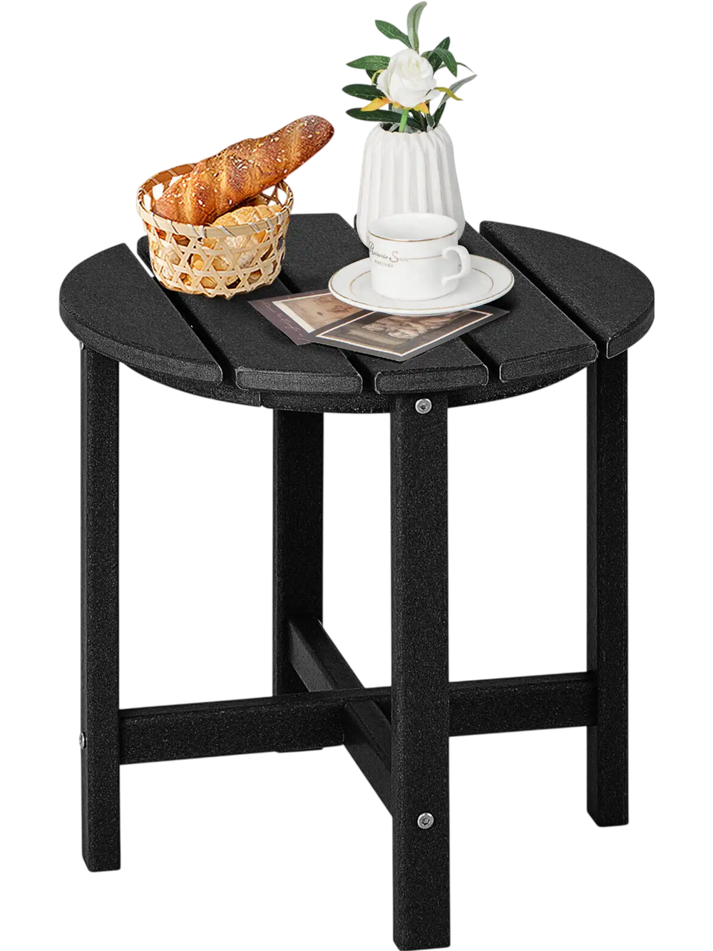 Black 18-inch round weather-resistant Adirondack side table with slatted top, perfect for outdoor use and easy.