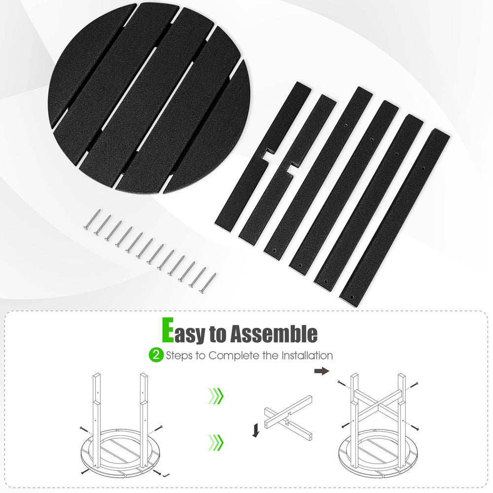 Round black weather-resistant Adirondack side table parts for easy assembly, featuring slatted tabletop and stainless.