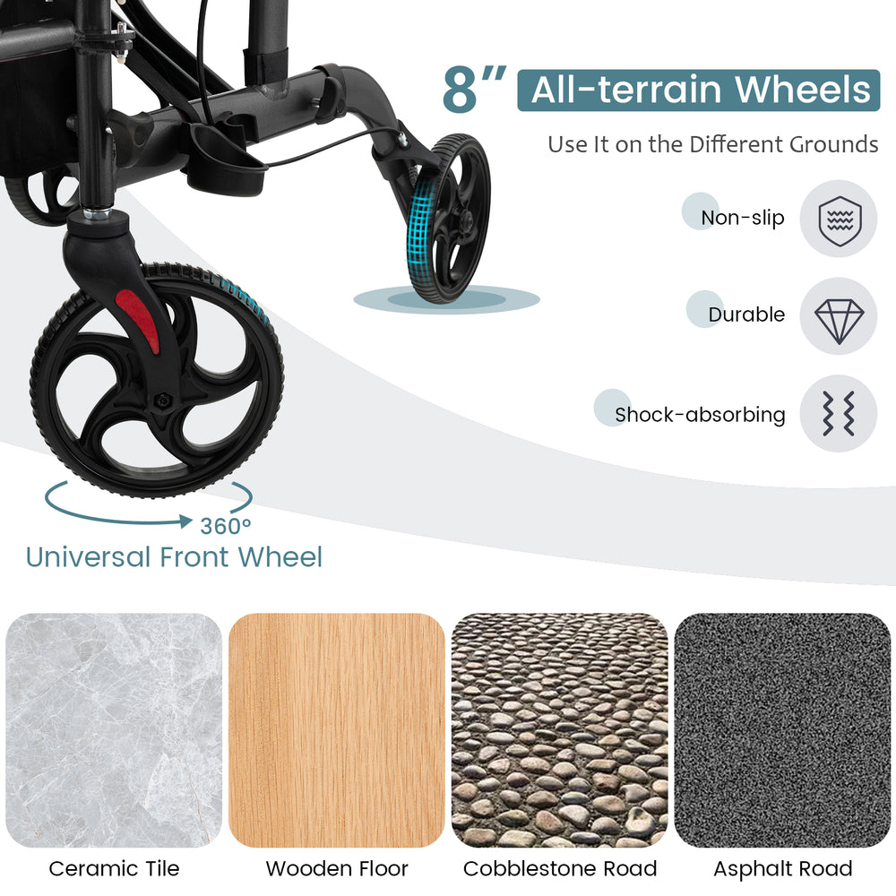 8" all-terrain wheels of the folding rollator walker, designed for stability and smooth movement on various surfaces.