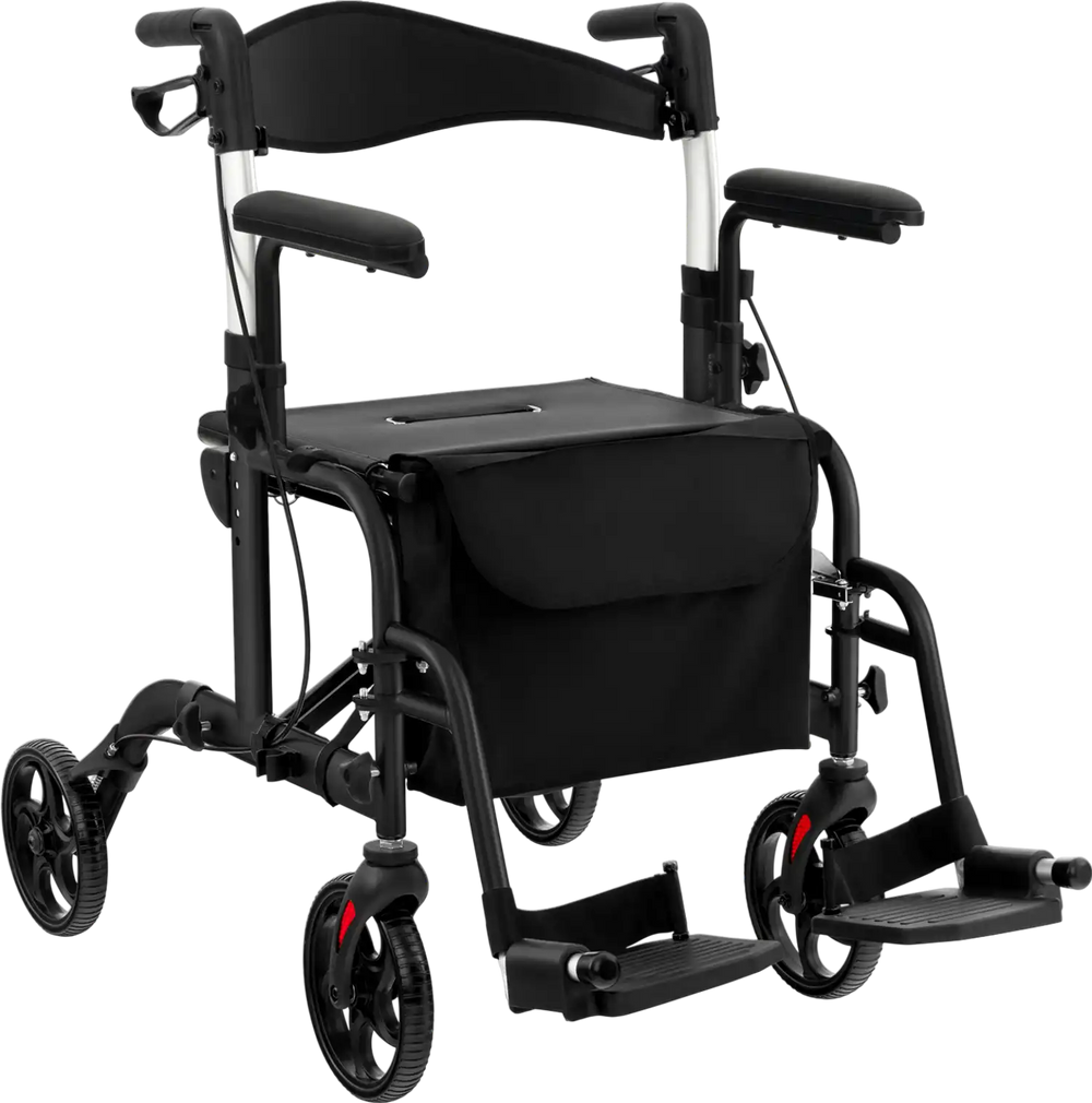 Folding rollator walker in black with seat, adjustable height, and 300 lbs capacity for seniors and disabled users.