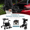 Folding rollator walker with seat, adjustable height, and 300 lbs capacity, designed for easy carrying and storage.