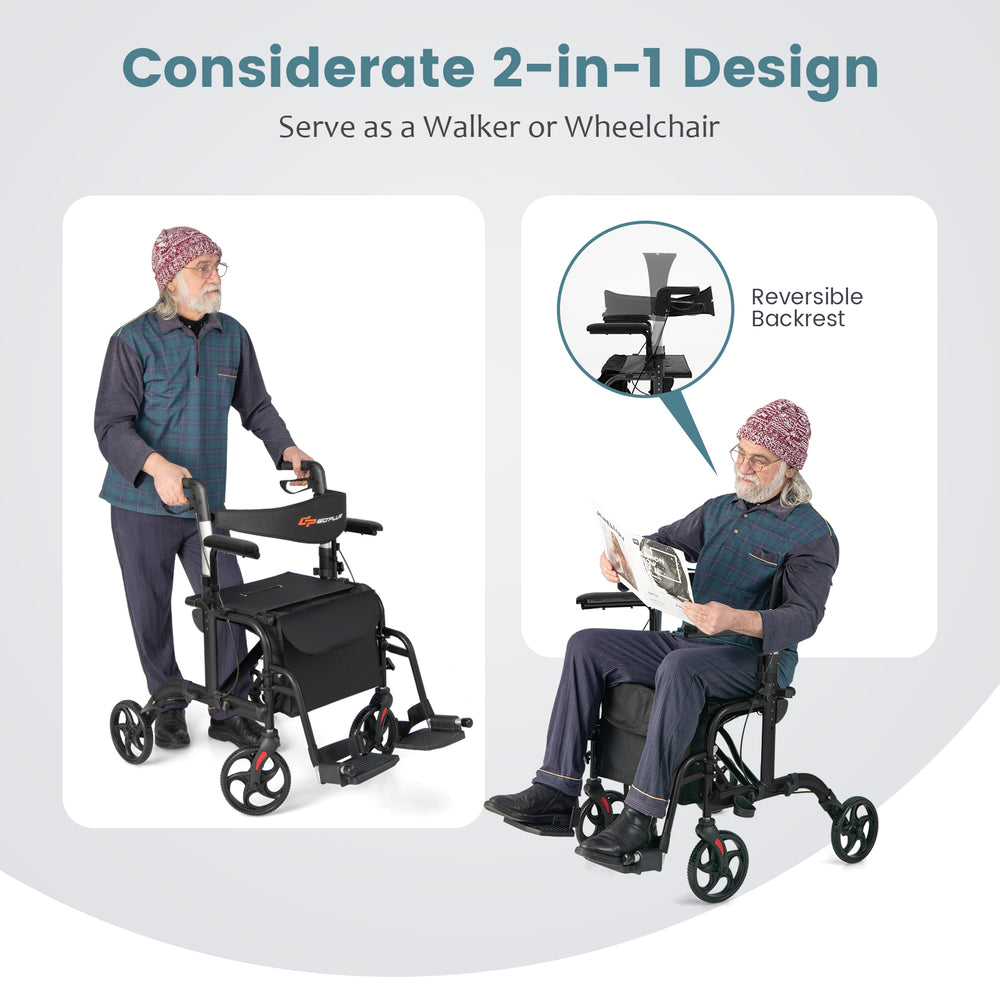 Folding rollator walker with seat, reversible backrest, and 8" wheels, supports up to 300 lbs for versatile mobility.