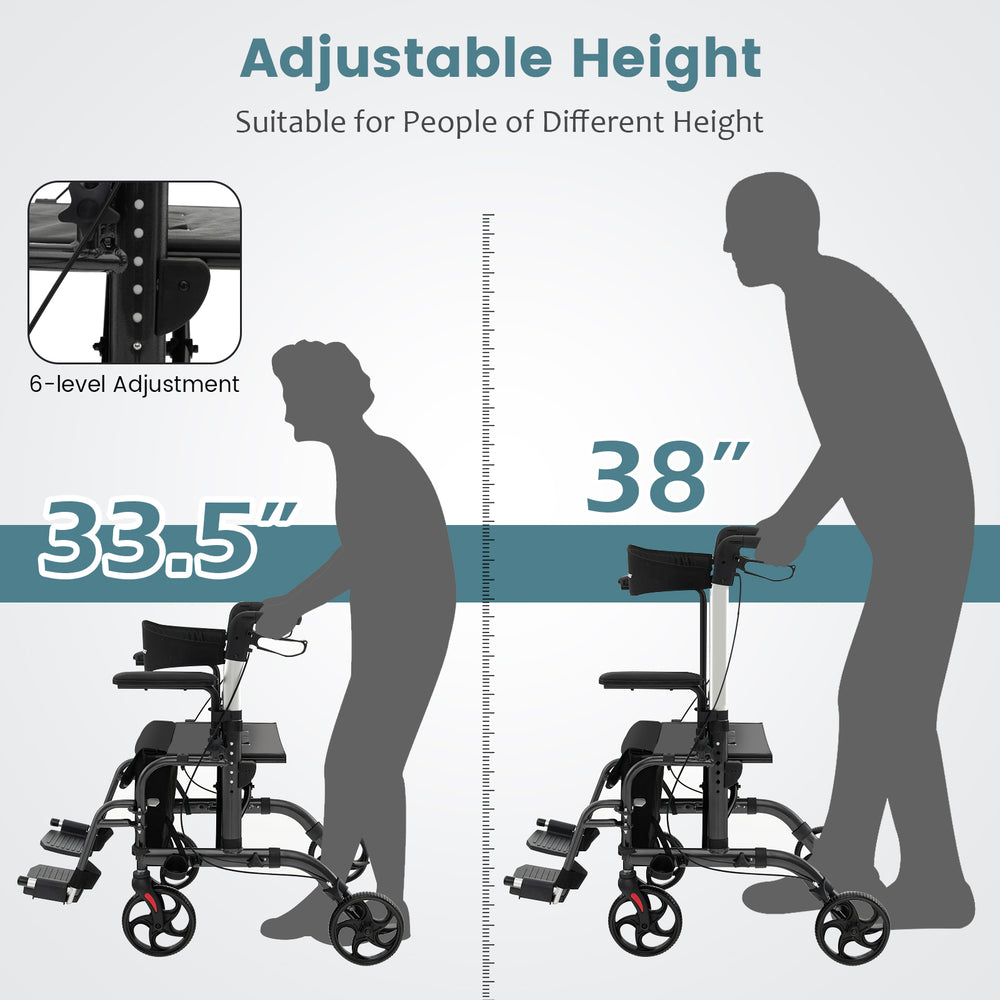Folding rollator walker with adjustable height, supporting up to 300 lbs, featuring a seat and wheels for easy mobility.