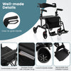 Folding rollator walker with seat, adjustable height, storage pocket, and cane holder for easy mobility and support.