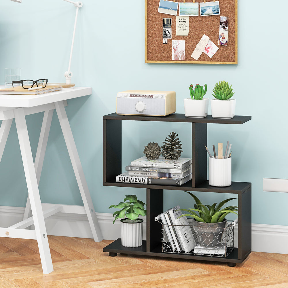 Three-tier black geometric bookshelf with ample storage, suitable for study or office, featuring a smooth.