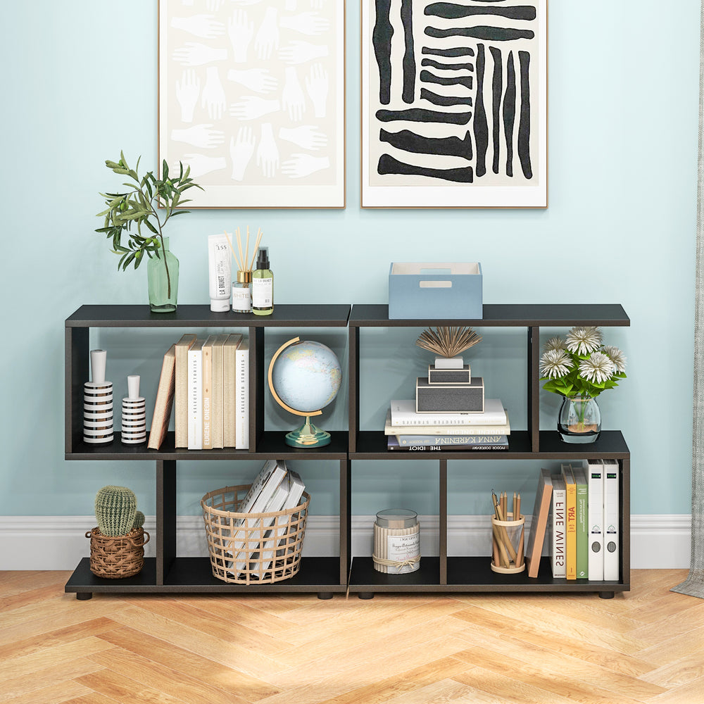 Geometric 3-tier bookshelf in black with ample storage, suitable for study or office use, featuring a sleek design.