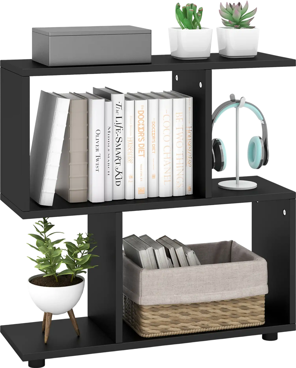Black 3-tier geometric bookshelf with ample storage, featuring a smooth surface and suitable for study or office use.