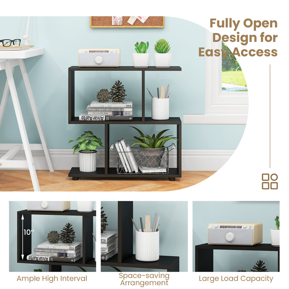 24-inch black 3-tier geometric bookshelf with ample storage, featuring a smooth surface and space-saving design for.