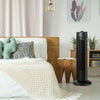 28-inch black bladeless oscillating tower fan with 3 speed settings, designed for quiet operation in small spaces.