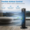 28-inch black bladeless oscillating tower fan with 3 speed settings for quiet and efficient cooling in small spaces.