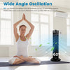 28-inch black bladeless oscillating tower fan with 60° oscillation for efficient cooling in any room.