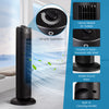 28-inch black bladeless oscillating tower fan featuring a stable round base and built-in carrying handle for easy.
